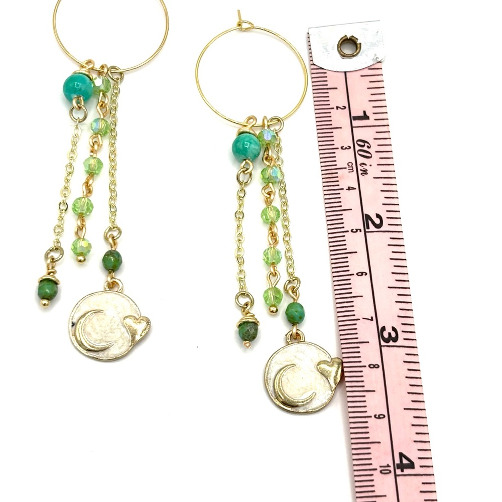 Hand Crafted Gold Hoop Earrings with Green and Gold Accents - Picture 6 of 7